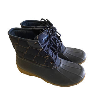 Sperry Black Women's Winter Boots Port Bootie Lace Up Textile Water Duck Shoes
